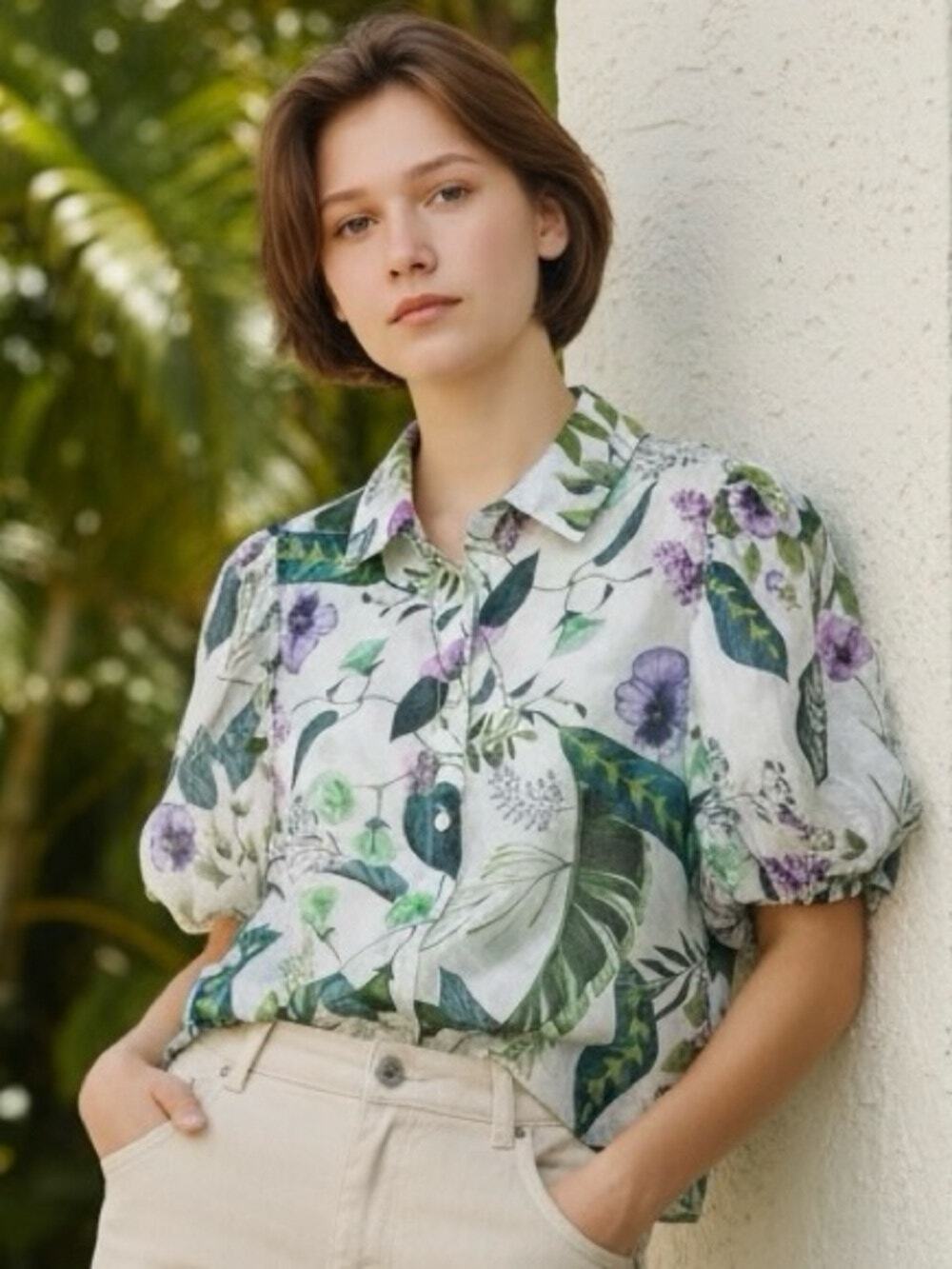 Lucky & Coco White Organza Floral Button-up Blouse w/ Puffy Sleeves Medium